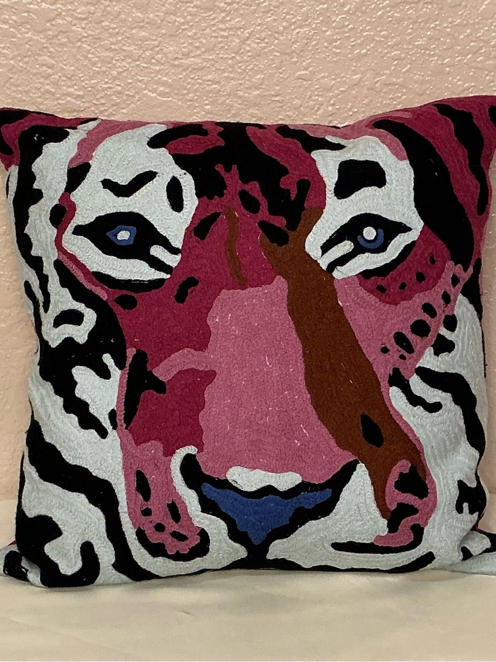 Handcrafted Pink, Brown & Black Embroidered Tiger Throw Pillow